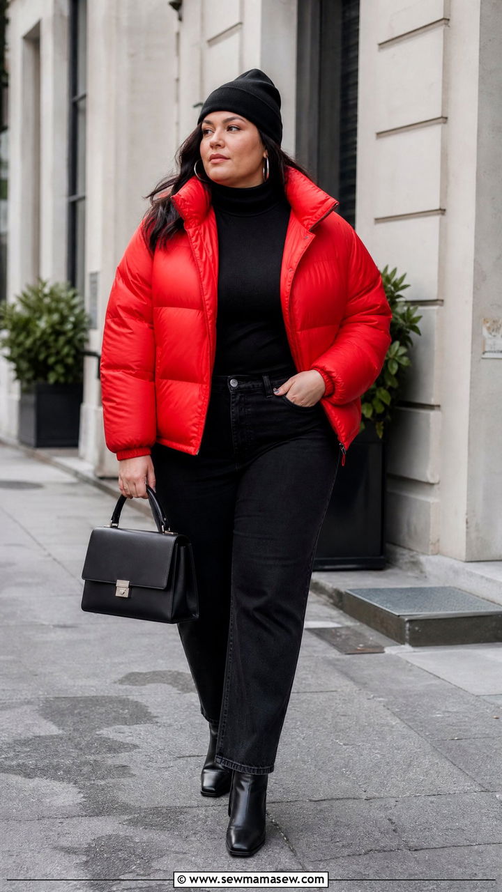 Plus Size Red Puffer Jacket With Black Jeans - 20 plus size puffer jacket outfit ideas