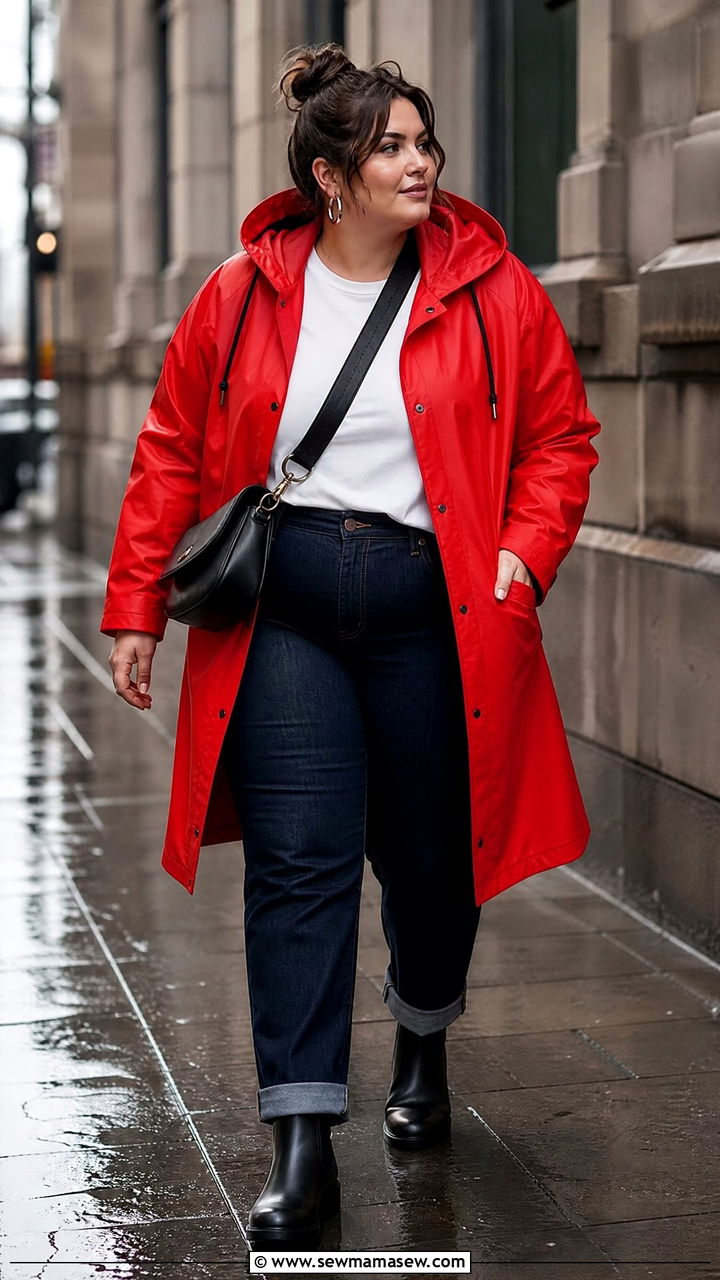 Plus Size Red Raincoat With Dark Denim - 20 plus size raincoat outfit ideas