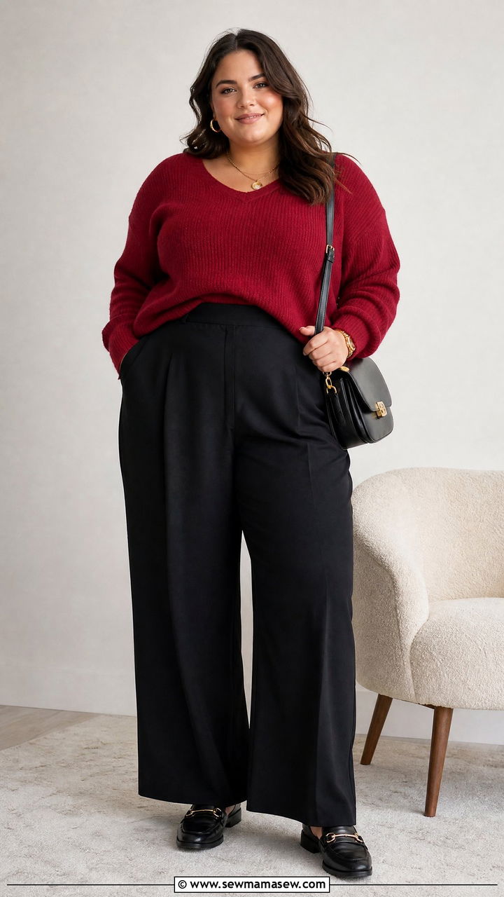 Plus Size Red Sweater And Black Pants Outfit - 20 plus size red outfit ideas