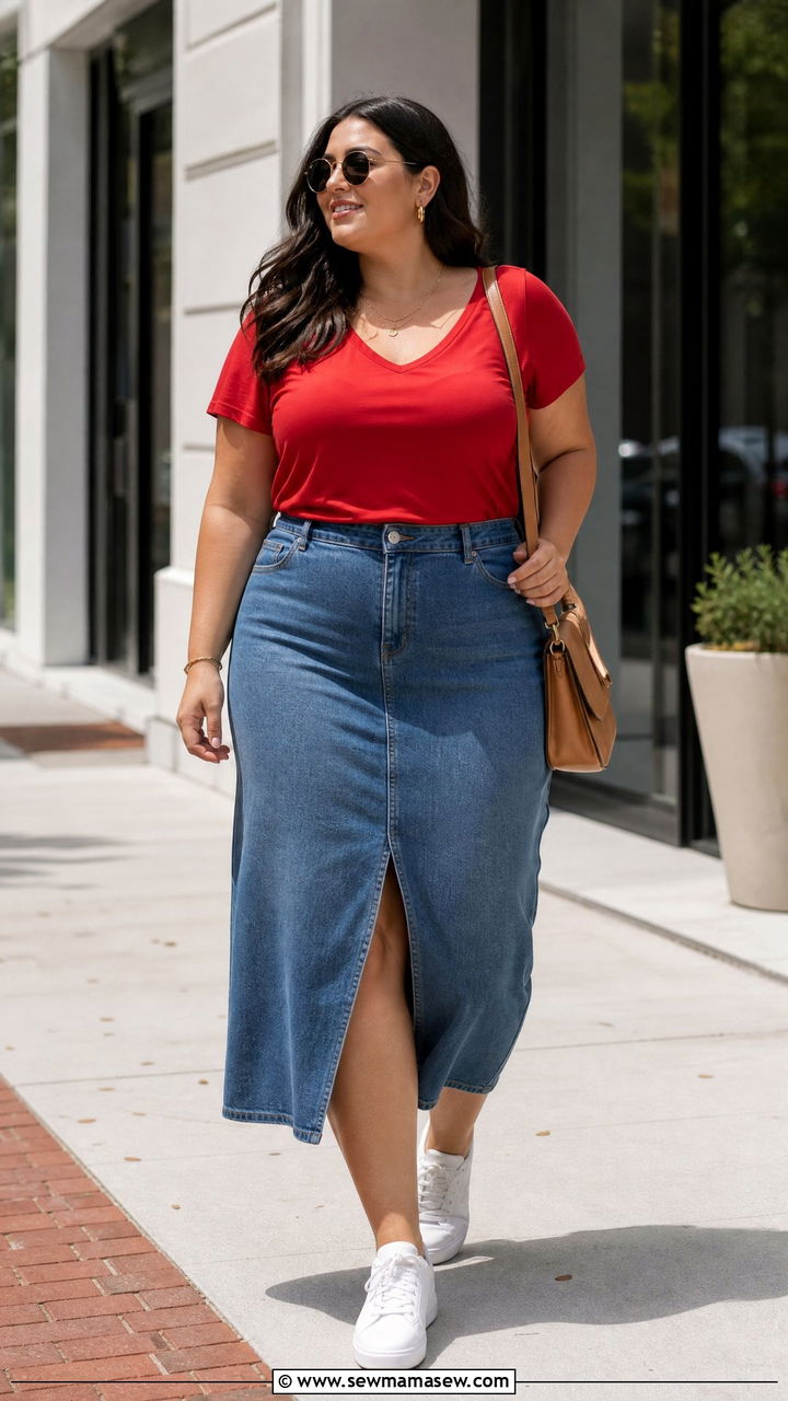Plus Size Red T Shirt And Denim Skirt Outfit - 20 plus size red outfit ideas