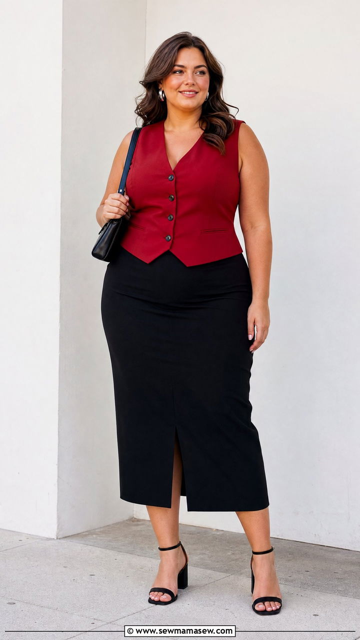 Plus Size Red Waistcoat Top With Black Skirt - 20 plus size waistcoat top outfit ideas