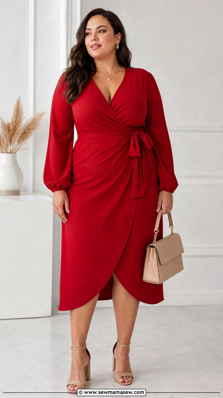 Plus Size Red Wrap Dress With Nude Shoes - 20 plus size wrap dress outfit ideas