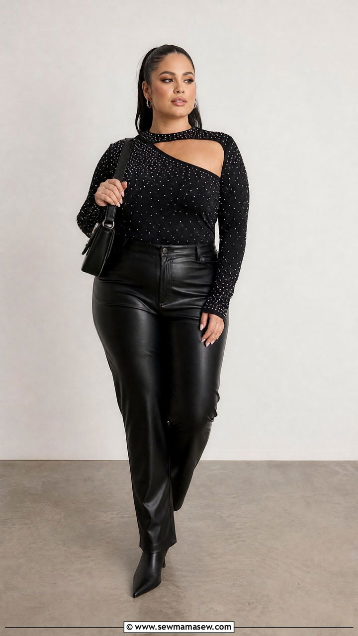 Plus Size Rhinestone Top With Faux Leather Pants - 20 plus size embellished top outfit ideas