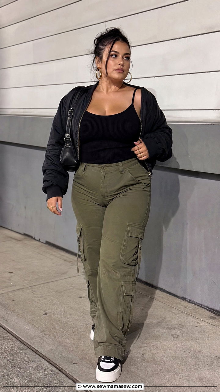 Plus Size Ribbed Cami Top With Cargo Pants - 20 plus size going out cami top outfit ideas