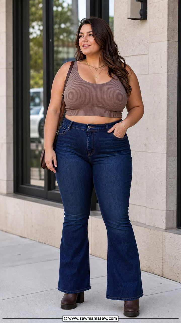 Plus Size Ribbed Crop Top And High Waisted Flare Jeans Outfit - 20 plus size crop top and high waisted jeans outfit ideas