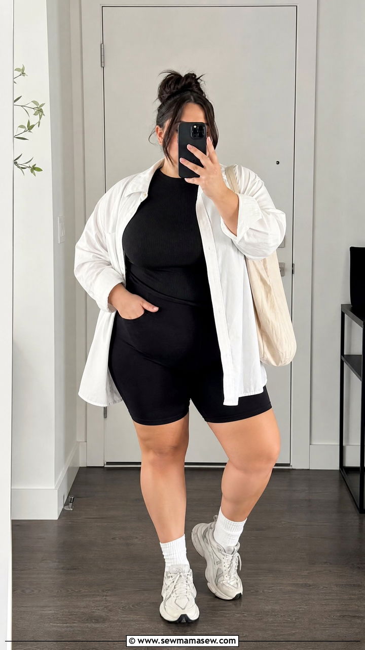 Plus Size Ribbed Knit Top With Biker Shorts - 20 plus size ribbed knit top outfit ideas