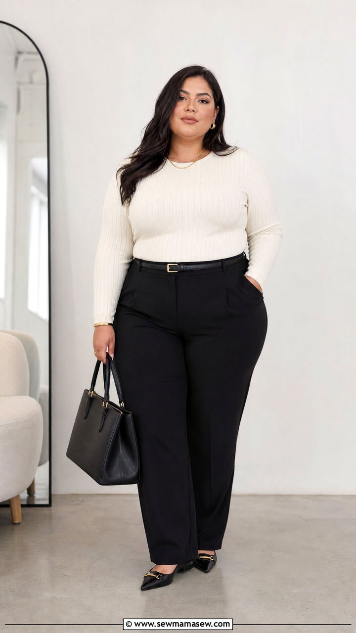 Plus Size Ribbed Knit Top With Black Trousers - 20 plus size ribbed knit top outfit ideas