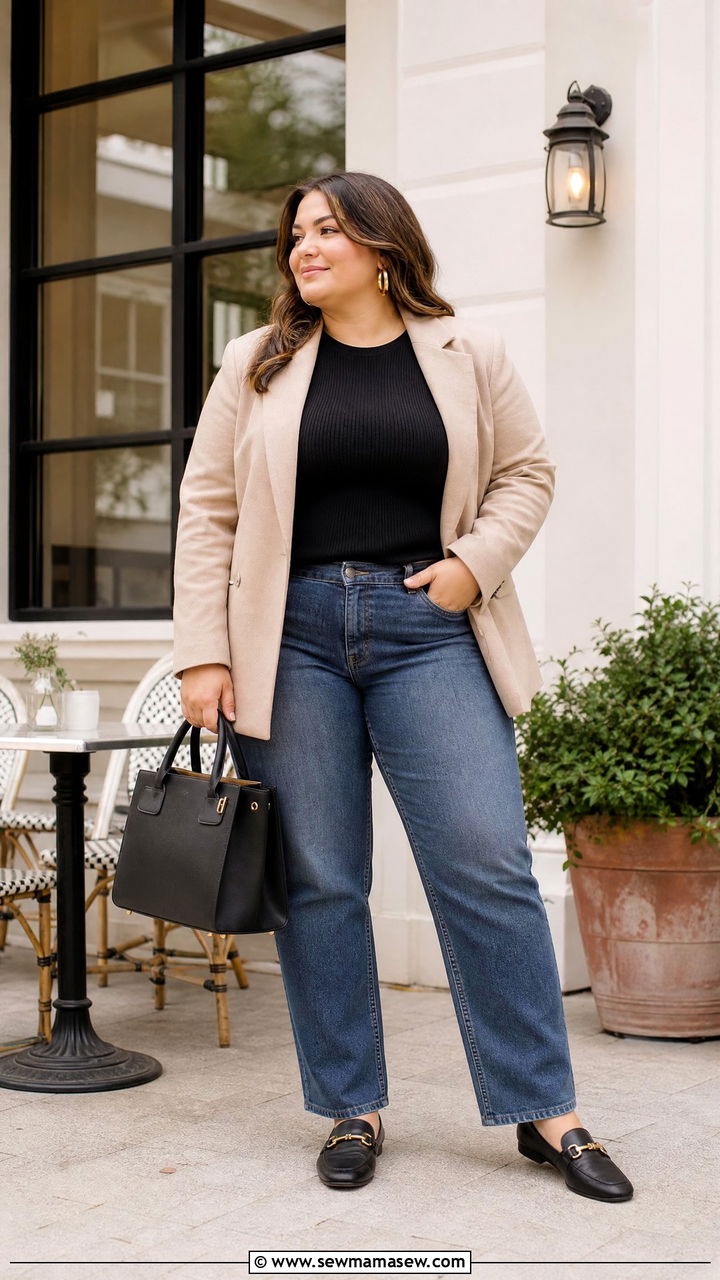 Plus Size Ribbed Knit Top With Blazer And Jeans - 20 plus size ribbed knit top outfit ideas