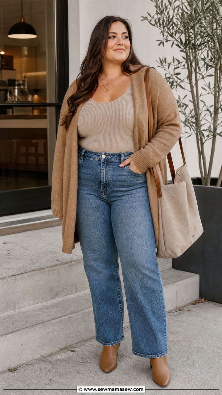 Plus Size Ribbed Knit Top With Cardigan And Jeans - 20 plus size ribbed knit top outfit ideas