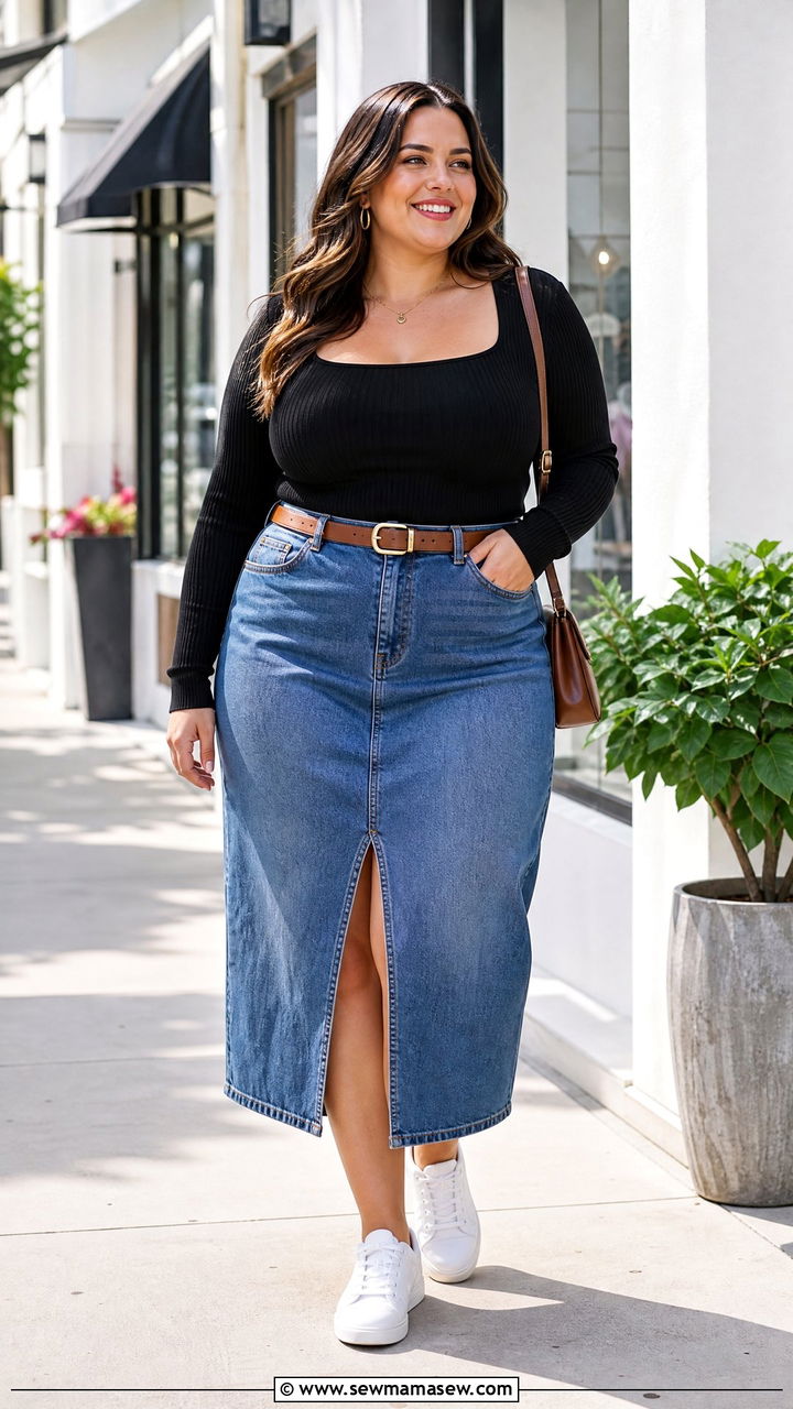 Plus Size Ribbed Knit Top With Denim Skirt - 20 plus size ribbed knit top outfit ideas