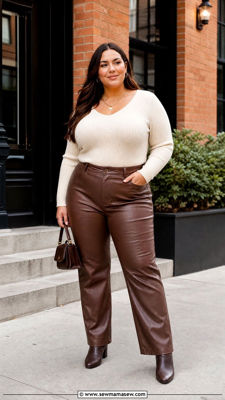 Plus Size Ribbed Knit Top With Faux Leather Pants - 20 plus size ribbed knit top outfit ideas
