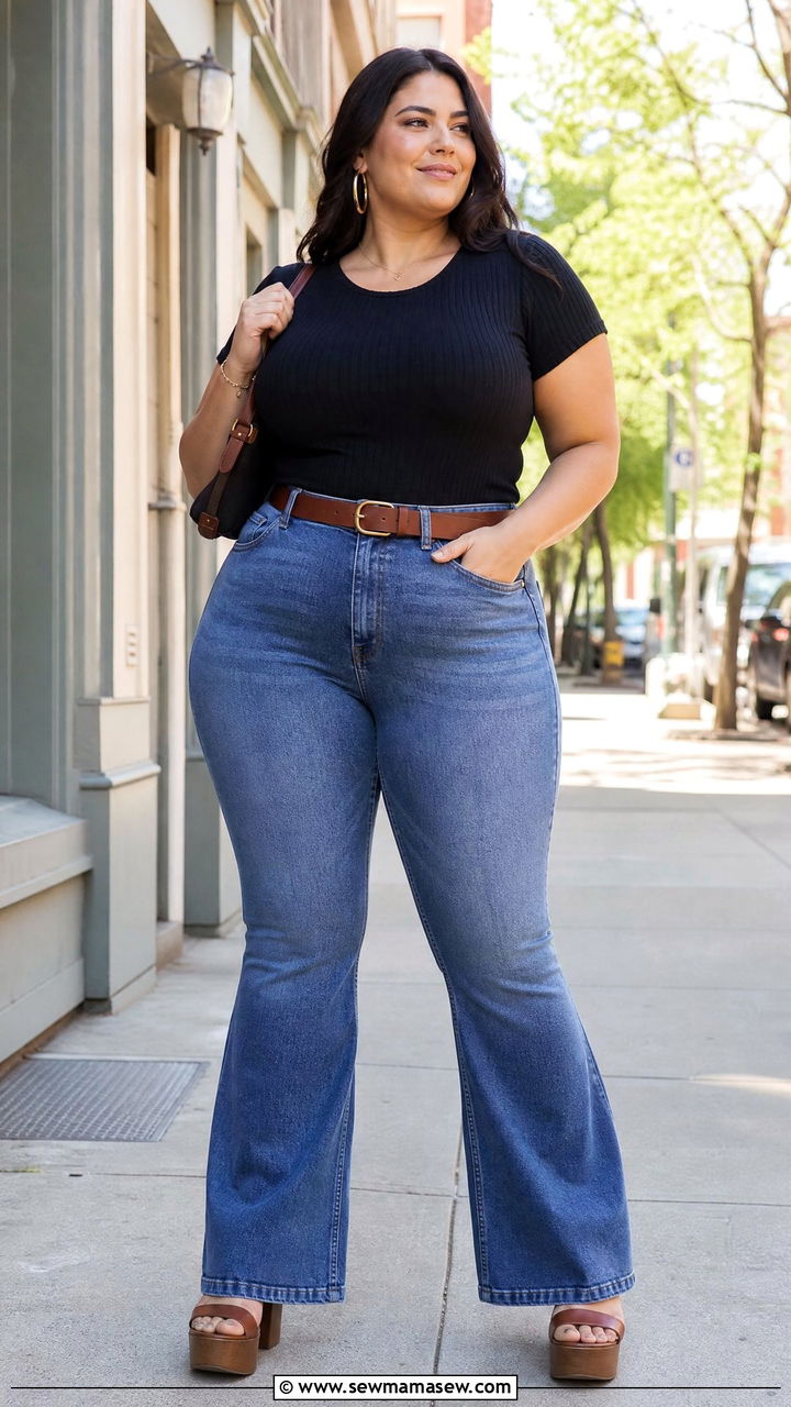 Plus Size Ribbed Knit Top With Flare Jeans - 20 plus size ribbed knit top outfit ideas