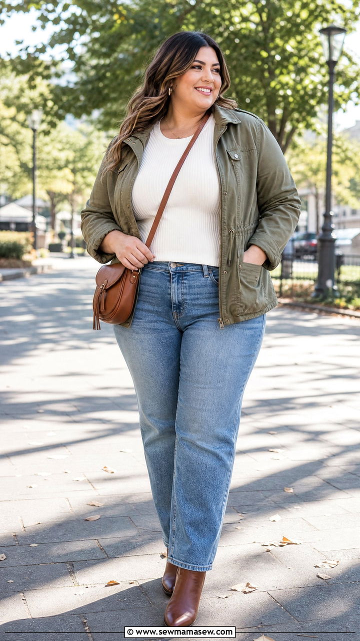 Plus Size Ribbed Knit Top With Utility Jacket - 20 plus size ribbed knit top outfit ideas