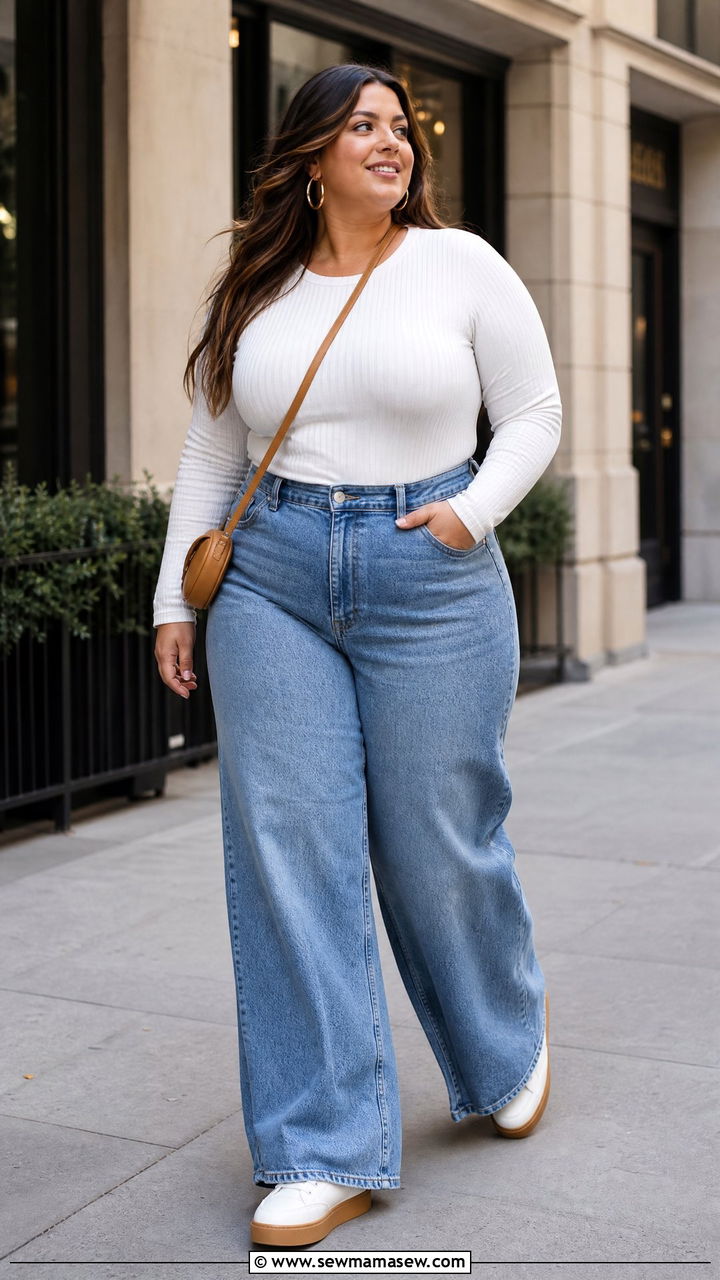 Plus Size Ribbed Knit Top With Wide Leg Jeans - 20 plus size ribbed knit top outfit ideas