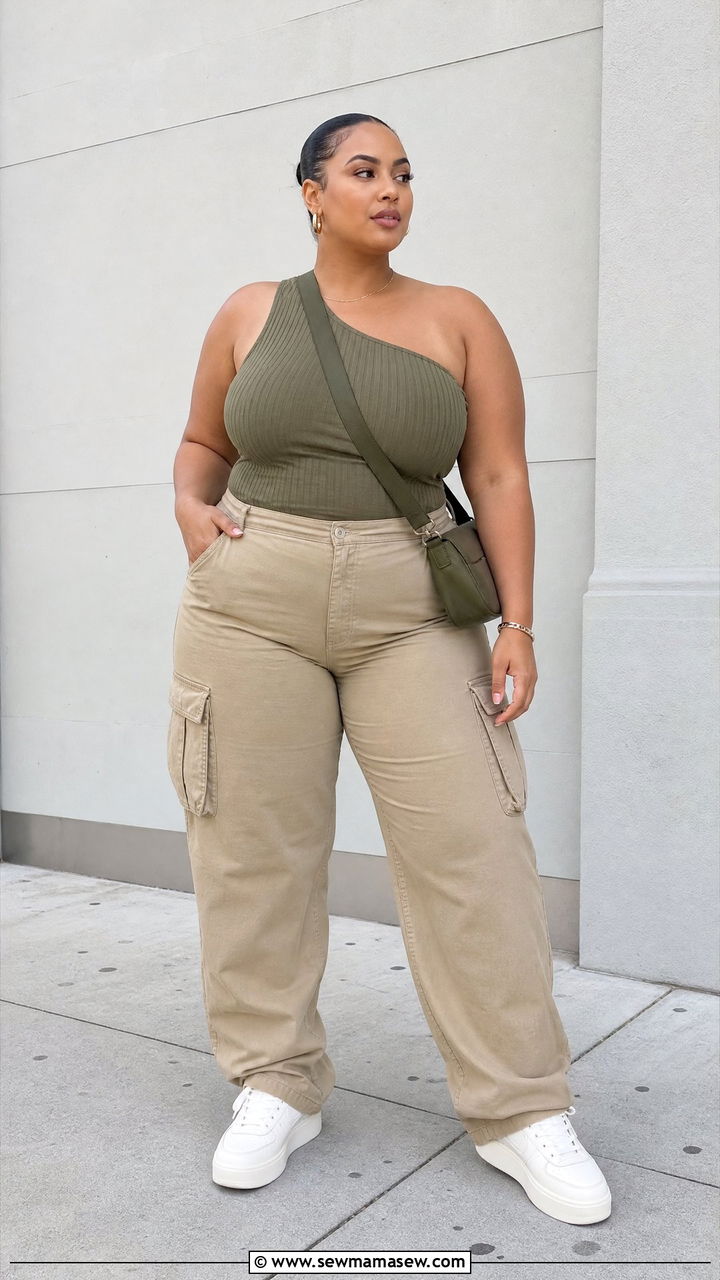 Plus Size Ribbed One Shoulder Top With Cargo Pants - 20 plus size asymmetric one shoulder top outfit ideas