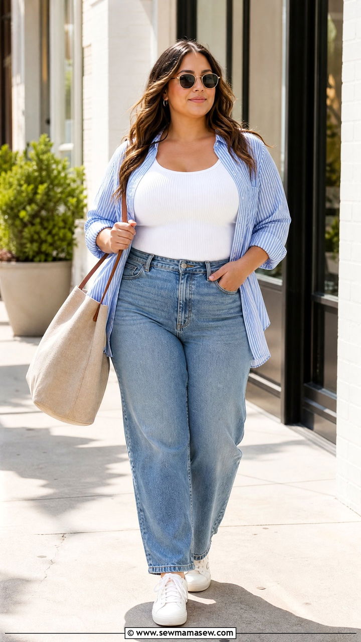 Plus Size Ribbed Tank Top With A Button Down Shirt - 20 plus size ribbed tank top outfit ideas