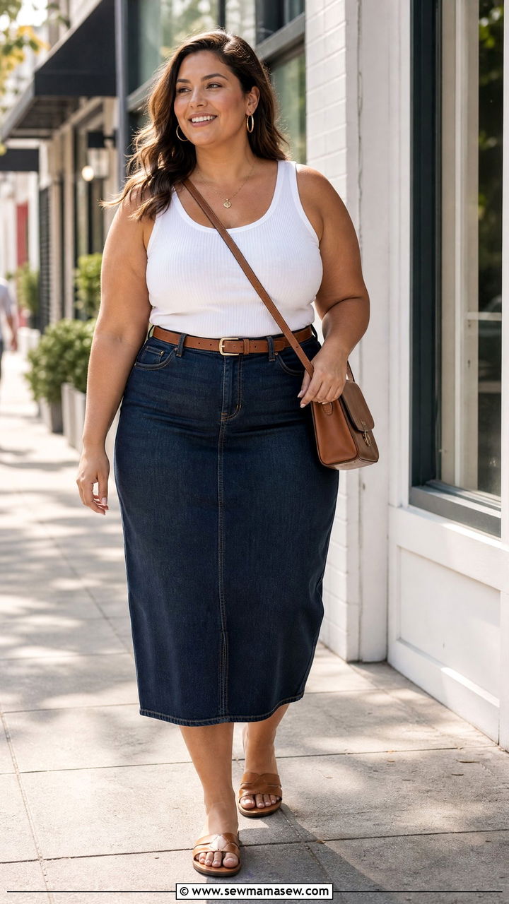 Plus Size Ribbed Tank Top With A Denim Skirt - 20 plus size ribbed tank top outfit ideas