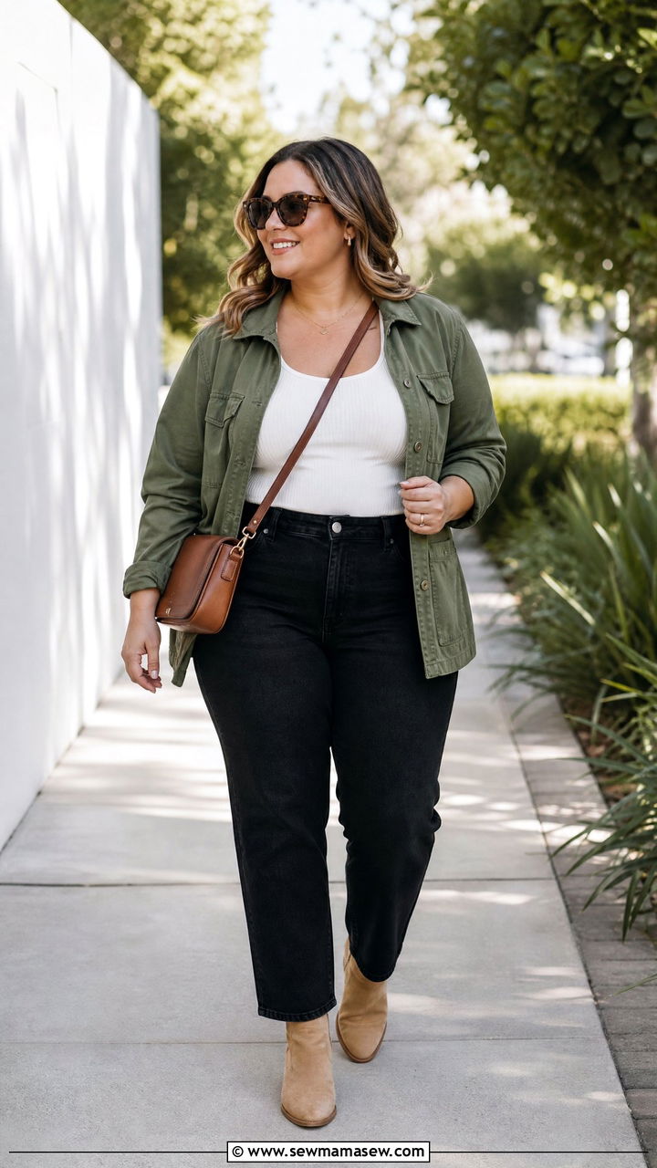 Plus Size Ribbed Tank Top With A Utility Jacket - 20 plus size ribbed tank top outfit ideas