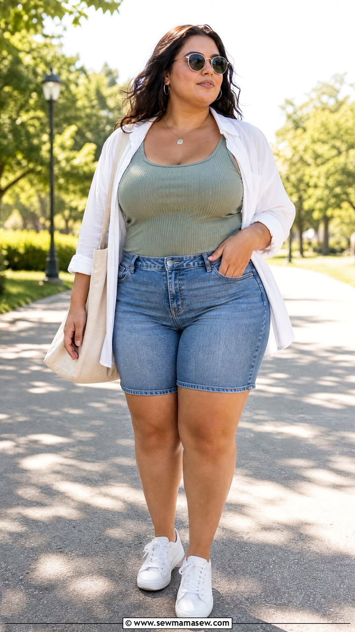Plus Size Ribbed Tank Top With Denim Shorts - 20 plus size ribbed tank top outfit ideas