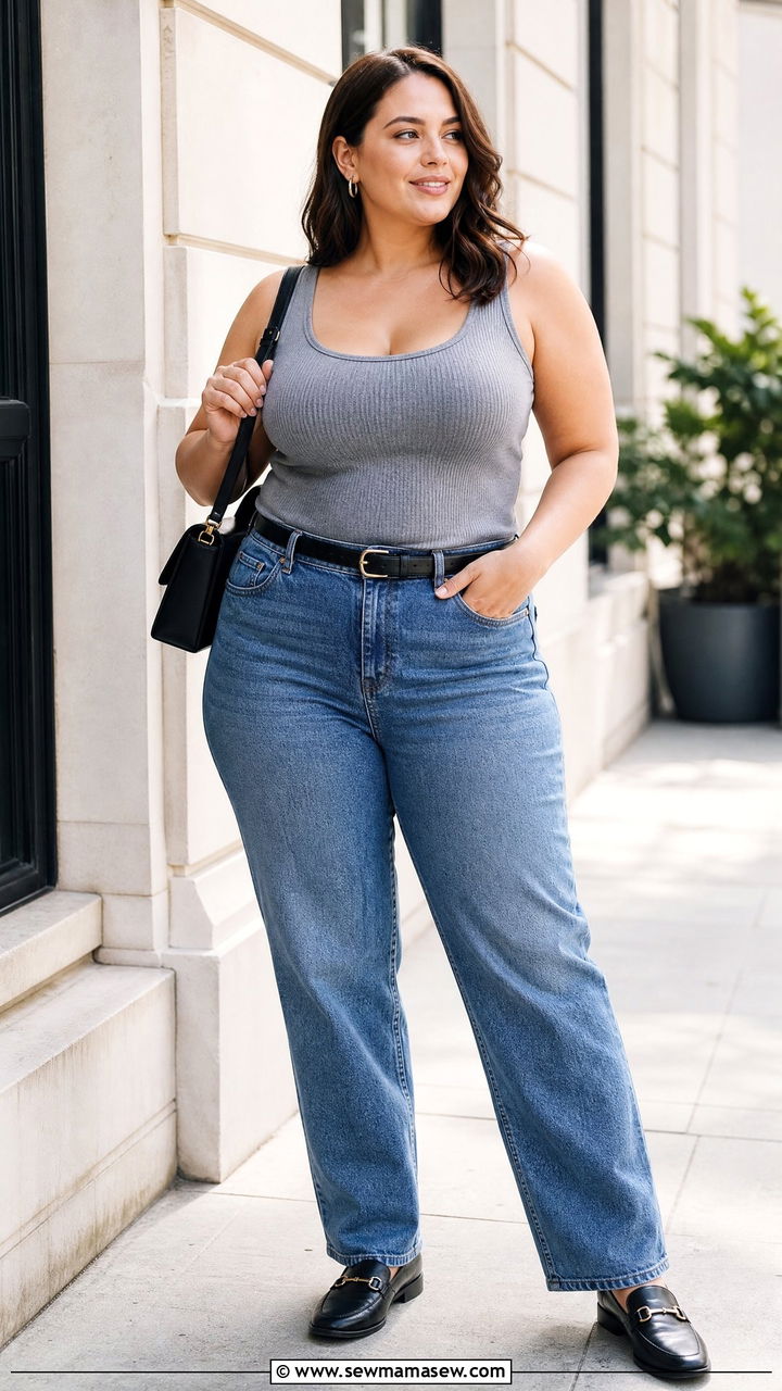 Plus Size Ribbed Tank Top With Straight Leg Jeans - 20 plus size ribbed tank top outfit ideas
