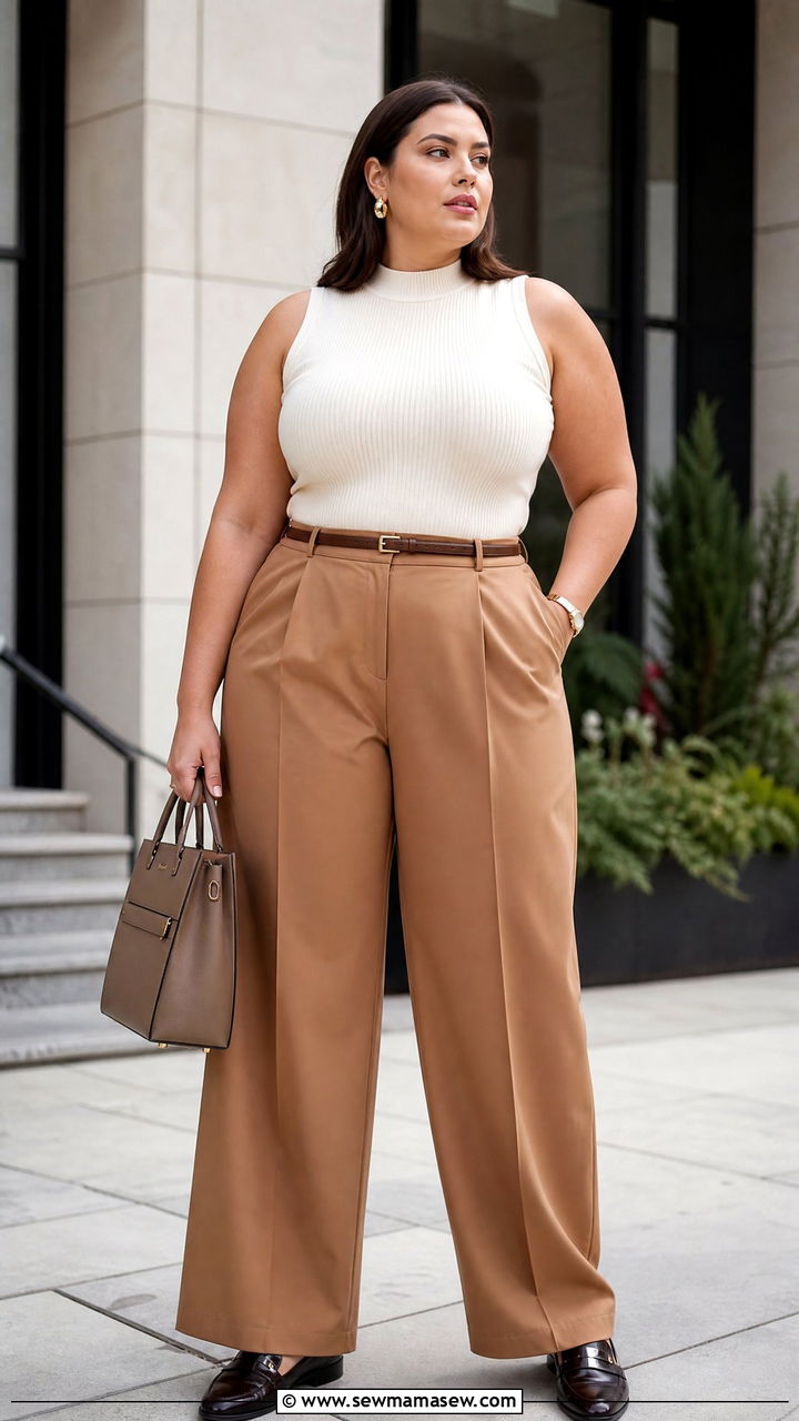 Plus Size Ribbed Tank Top With Tailored Trousers - 20 plus size ribbed tank top outfit ideas