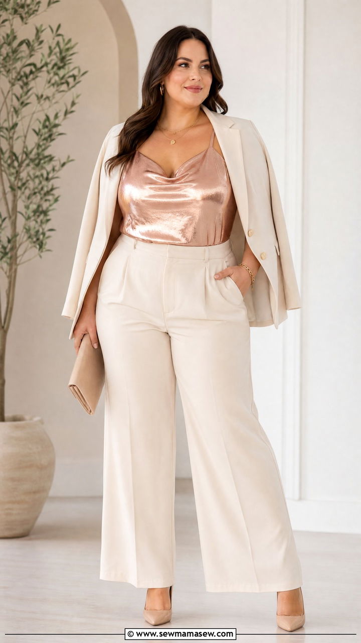 Plus Size Rose Gold Metallic Top With Cream Trousers - 20 plus size metallic top outfit ideas