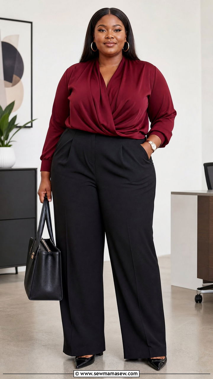 Plus Size Ruby Blouse And Trousers Outfit - 20 plus size jewel tone outfit ideas