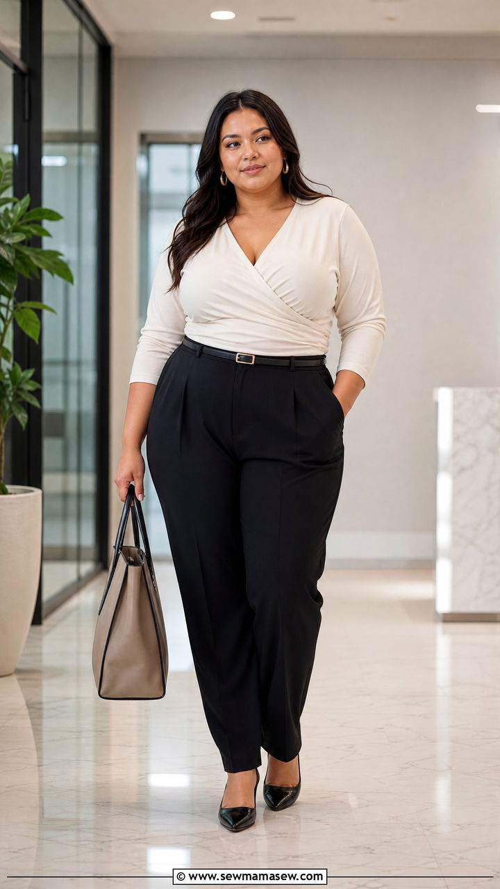 Plus Size Ruched Top With Black Trousers - 20 plus size ruched top outfit ideas