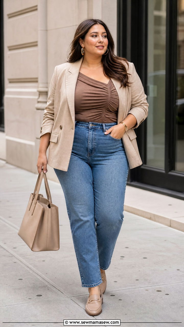 Plus Size Ruched Top With Blazer And Jeans - 20 plus size ruched top outfit ideas
