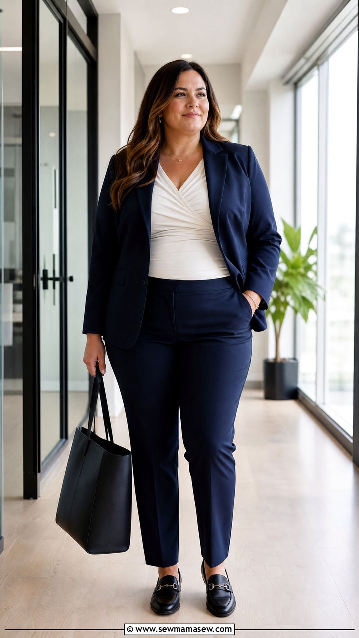 Plus Size Ruched Top With Blazer And Trousers - 20 plus size ruched top outfit ideas