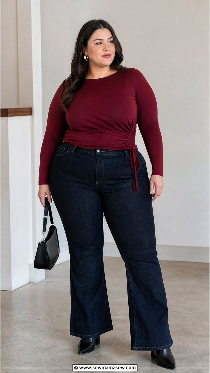 Plus Size Ruched Top With Bootcut Jeans - 20 plus size tops to hide belly outfit ideas