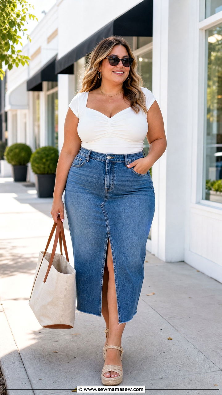 Plus Size Ruched Top With Denim Skirt - 20 plus size ruched top outfit ideas