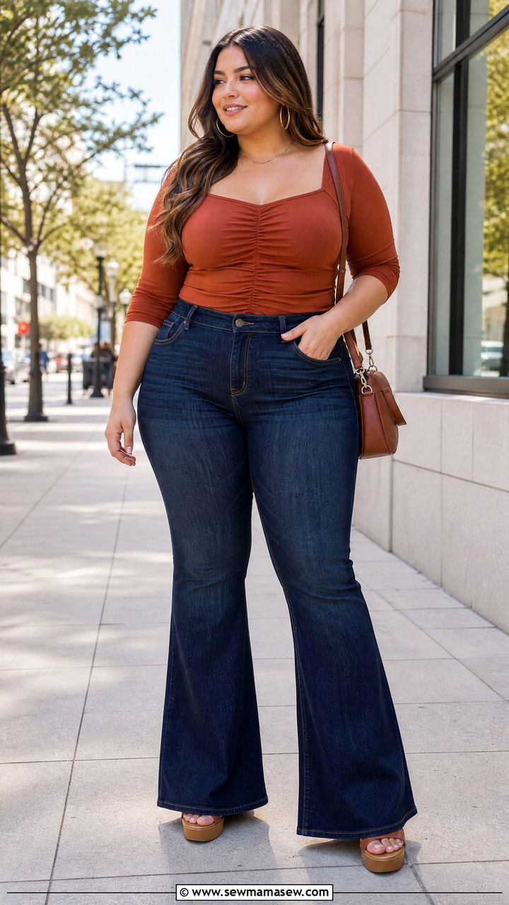 Plus Size Ruched Top With Flare Jeans - 20 plus size ruched top outfit ideas