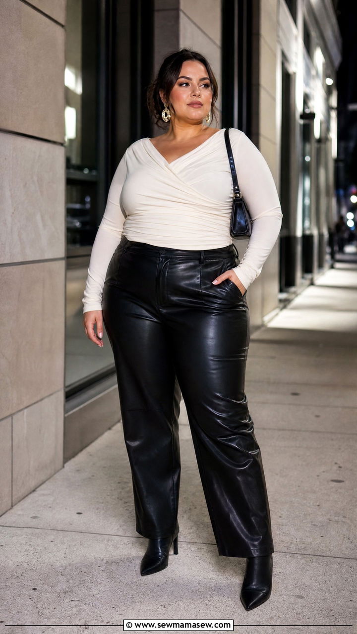 Plus Size Ruched Top With Leather Pants - 20 plus size ruched top outfit ideas