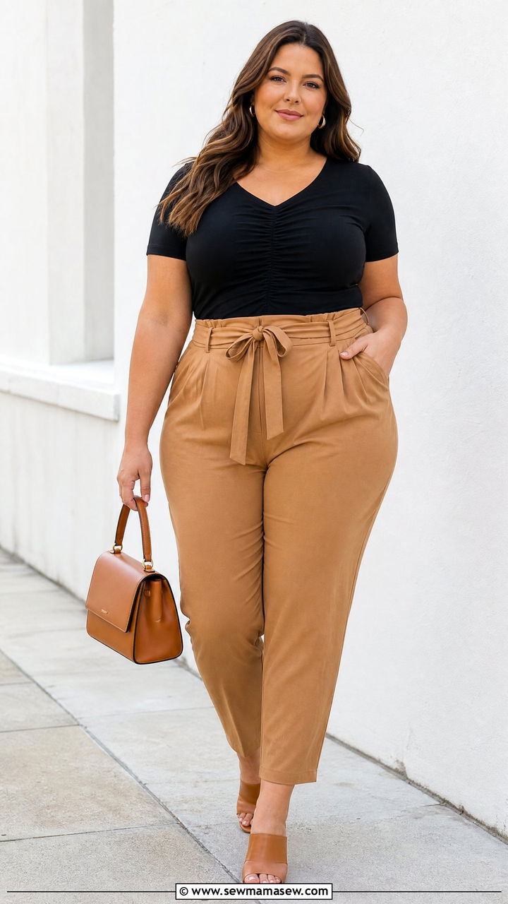 Plus Size Ruched Top With Paperbag Pants - 20 plus size ruched top outfit ideas