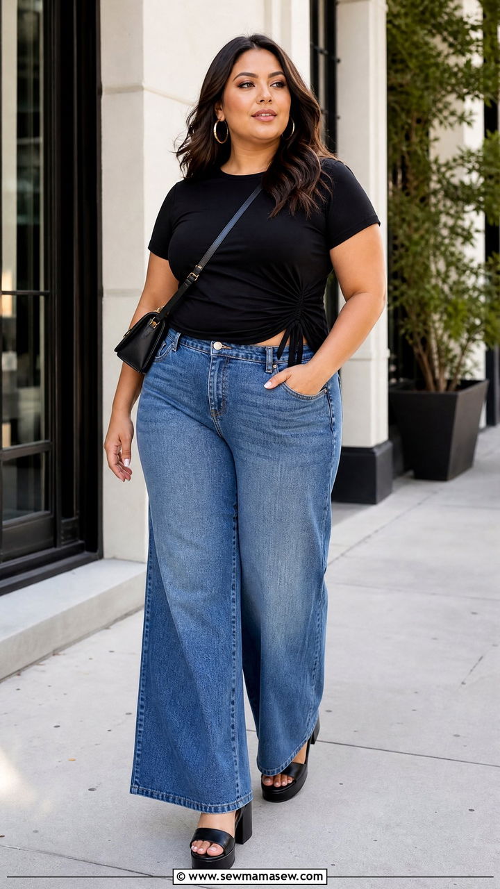Plus Size Ruched Top With Wide Leg Jeans - 20 plus size ruched top outfit ideas