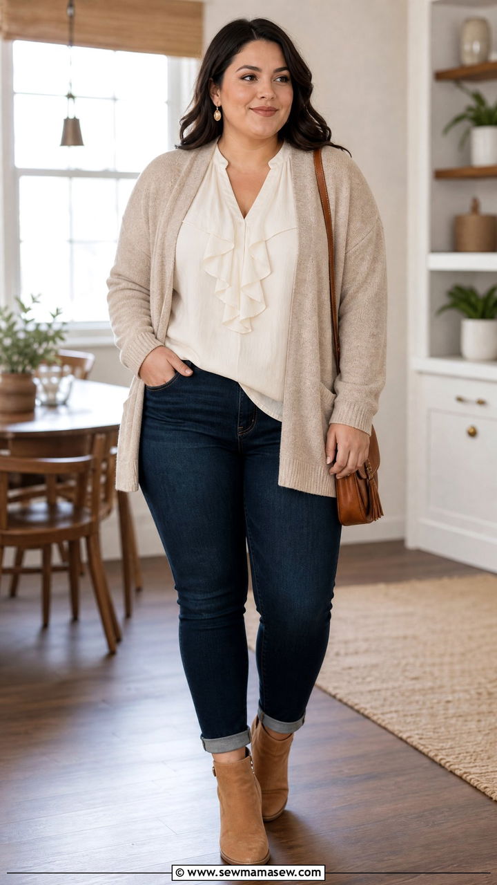 Plus Size Ruffle Blouse With Cardigan - 20 plus size ruffle blouse outfit ideas