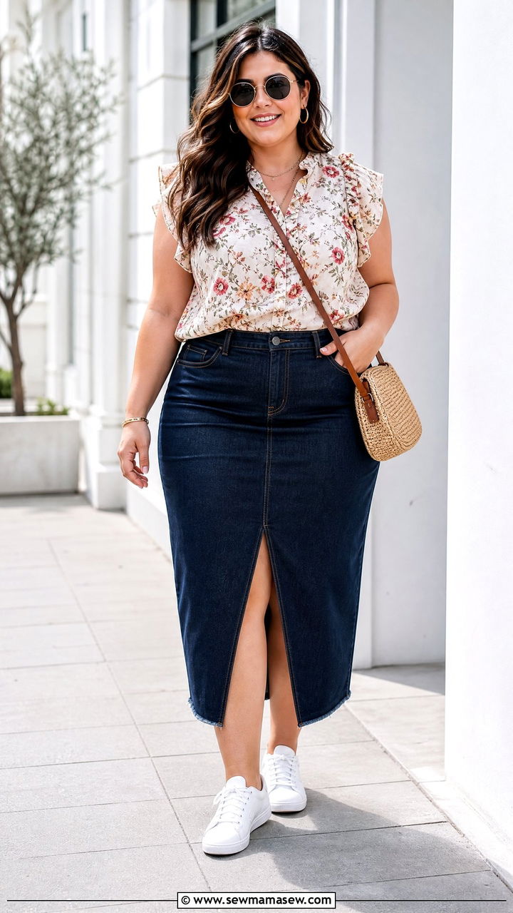 Plus Size Ruffle Blouse With Denim Skirt - 20 plus size ruffle blouse outfit ideas