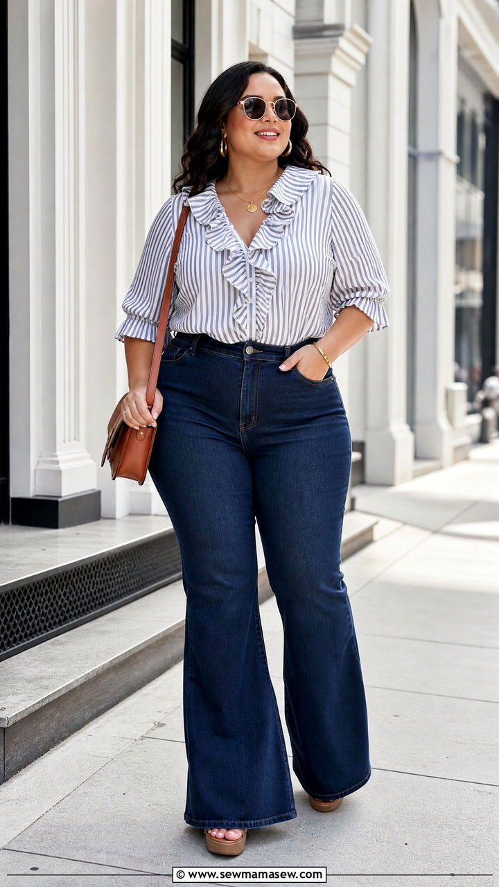Plus Size Ruffle Blouse With Flare Jeans - 20 plus size ruffle blouse outfit ideas