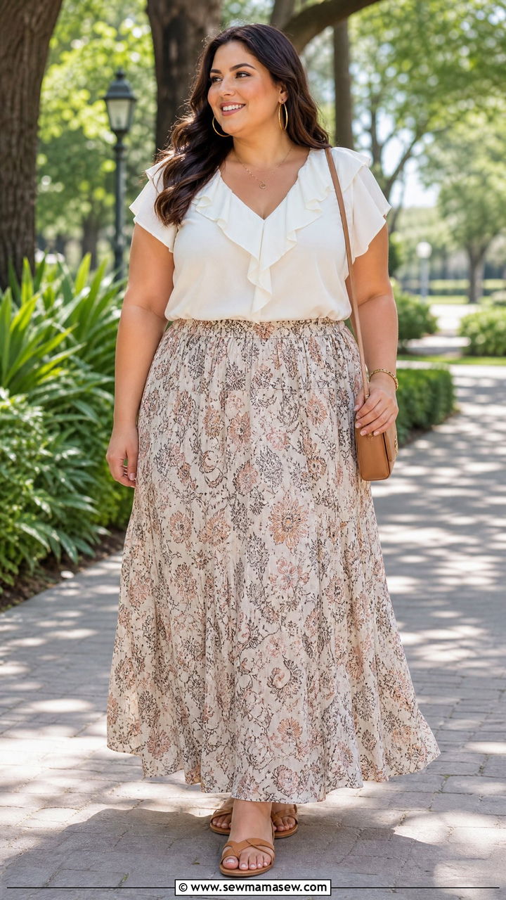 Plus Size Ruffle Blouse With Maxi Skirt - 20 plus size ruffle blouse outfit ideas