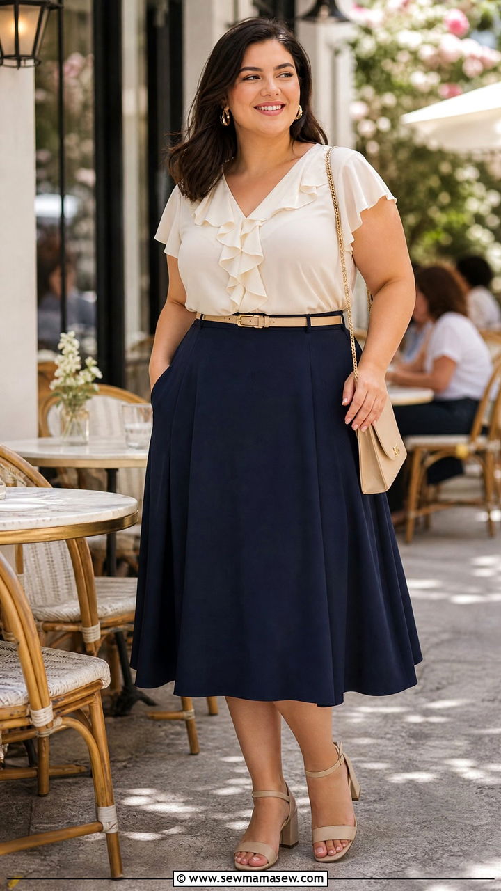 Plus Size Ruffle Blouse With Midi Skirt - 20 plus size ruffle blouse outfit ideas