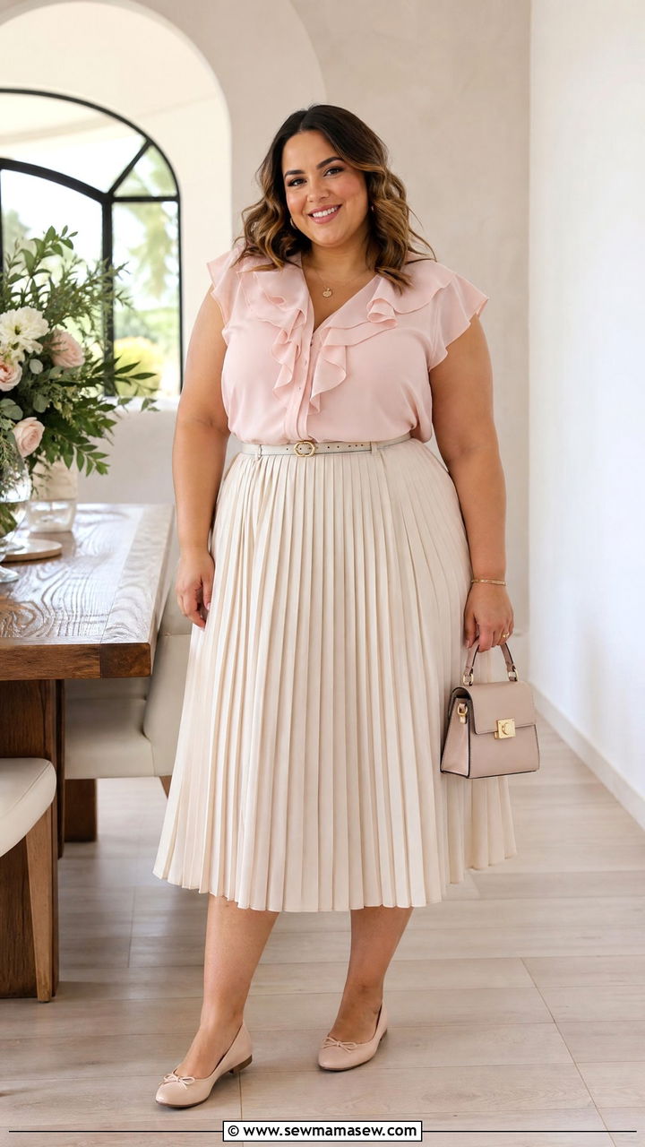 Plus Size Ruffle Blouse With Pleated Skirt - 20 plus size ruffle blouse outfit ideas