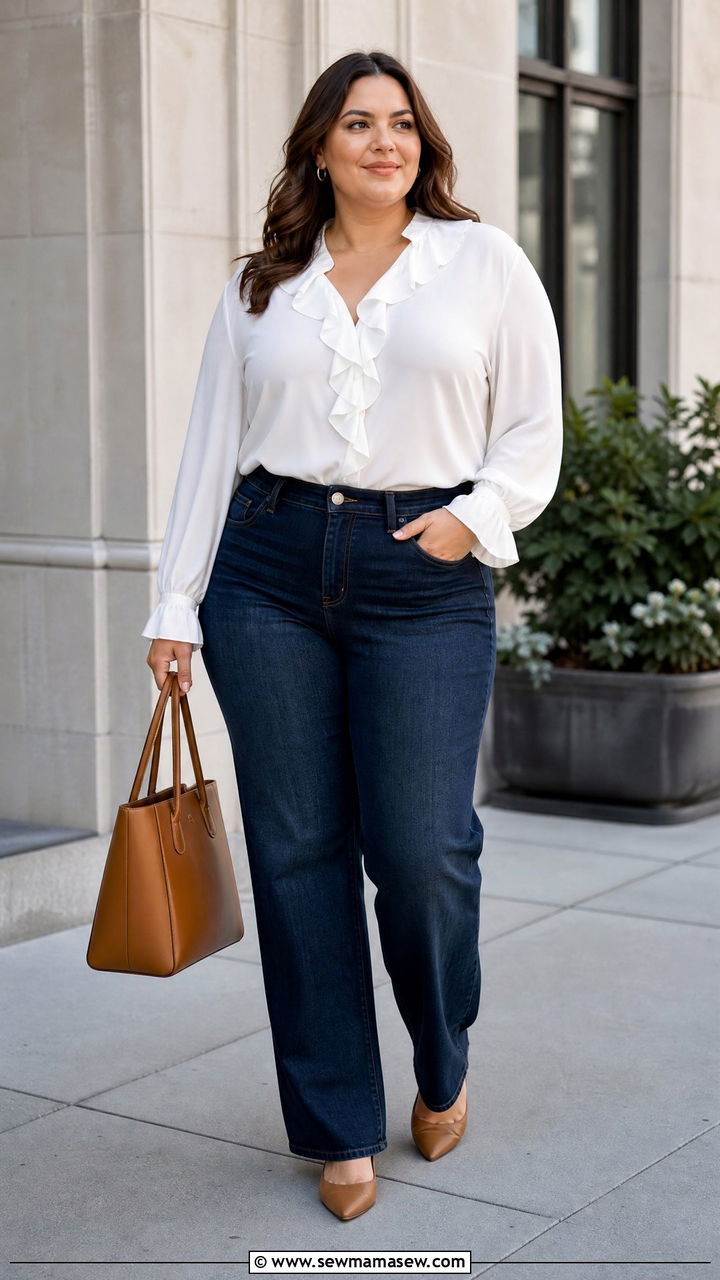 Plus Size Ruffle Blouse With Straight Leg Jeans - 20 plus size ruffle blouse outfit ideas