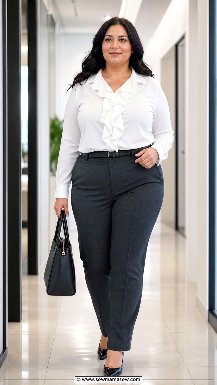 Plus Size Ruffle Blouse With Suit Pants - 20 plus size ruffle blouse outfit ideas