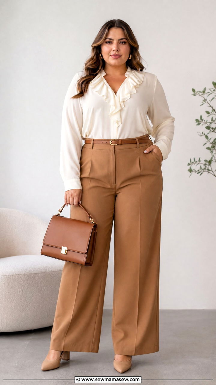 Plus Size Ruffle Blouse With Wide Leg Trousers - 20 plus size ruffle blouse outfit ideas