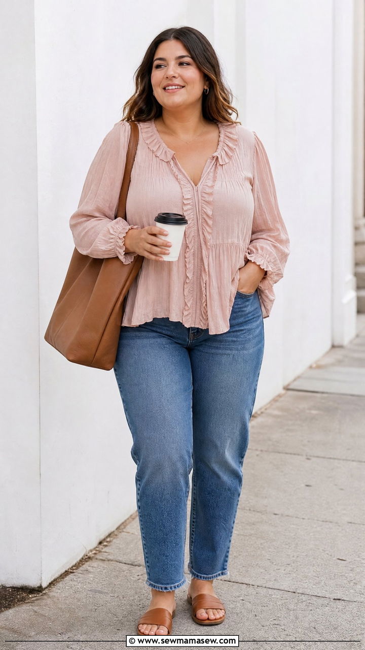 Plus Size Ruffle Boho Top With Straight Leg Jeans - 20 plus size boho top outfit ideas
