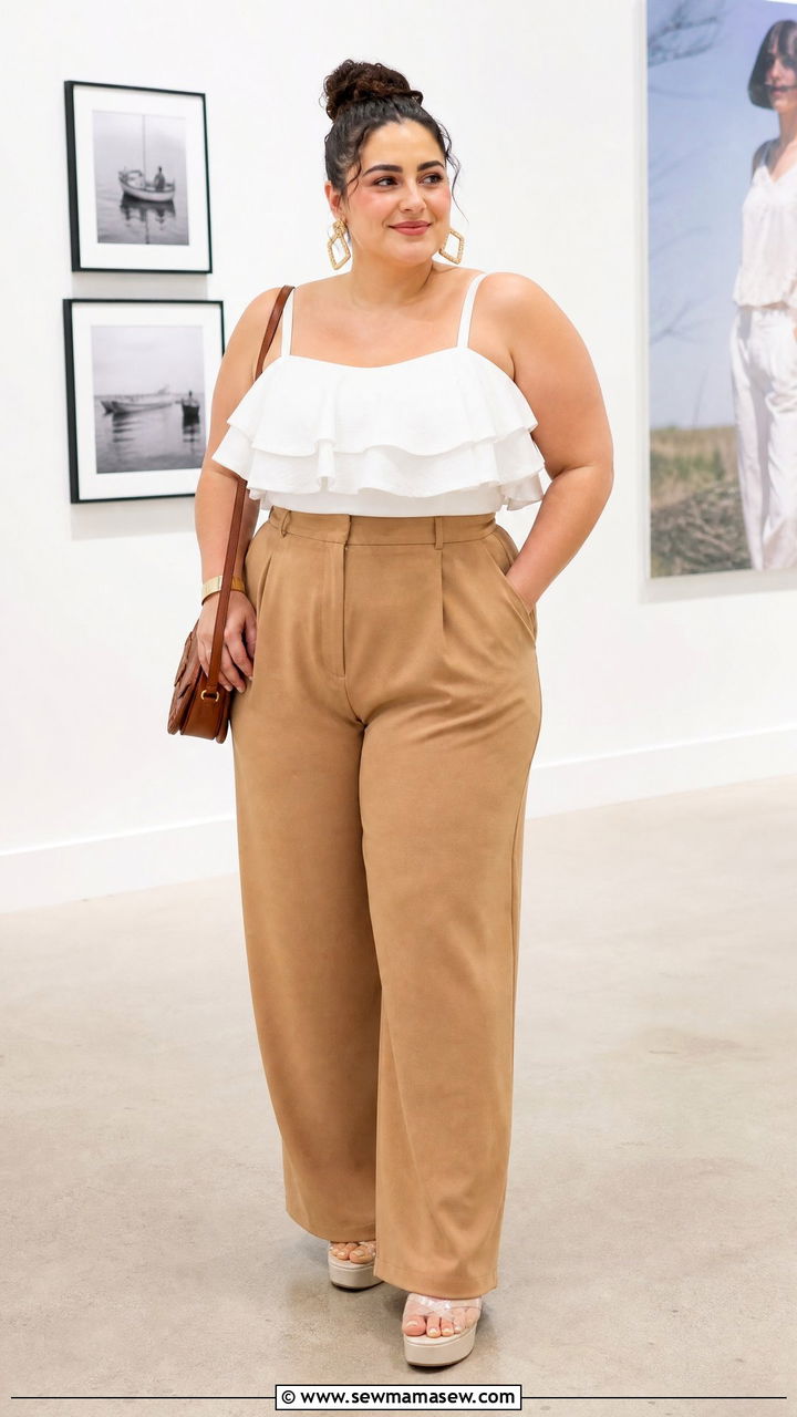 Plus Size Ruffle Crop Top With High Waisted Trousers - 20 plus size ruffle top outfit ideas