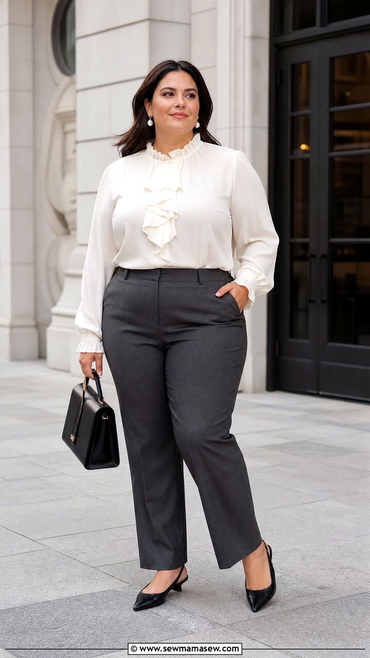 Plus Size Ruffle Neck Blouse Outfit - 20 plus size elegant top outfit ideas