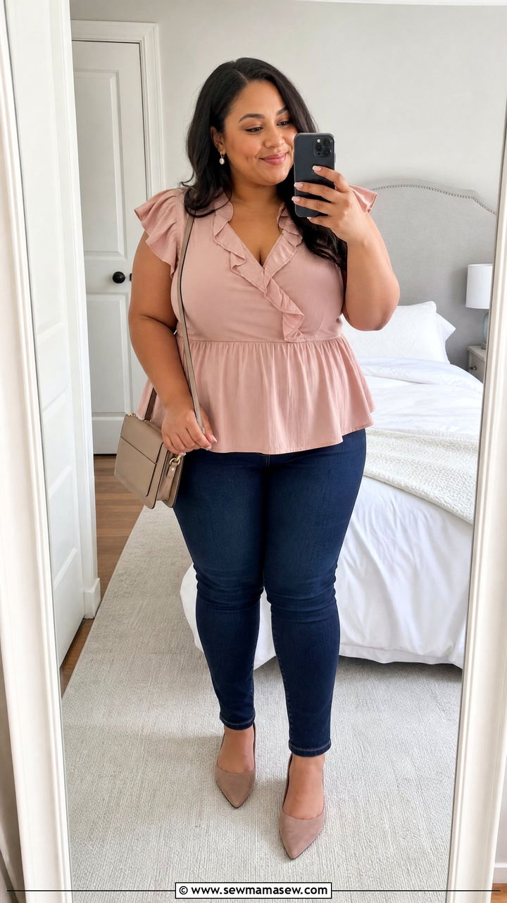 Plus Size Ruffle Peplum Top With Skinny Jeans - 20 plus size ruffle top outfit ideas