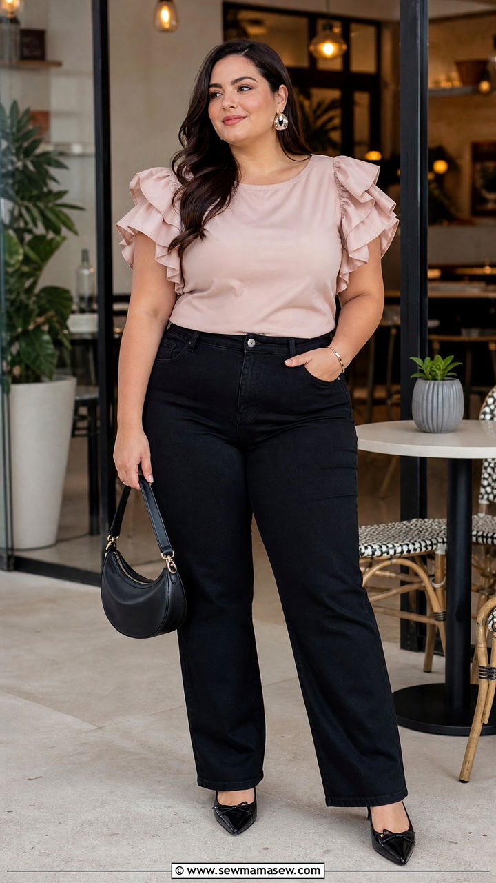 Plus Size Ruffle Top With Black Jeans Outfit - 20 plus size feminine top outfit ideas